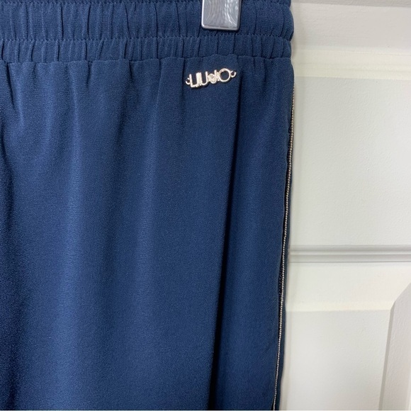 LIU-JO Milano Joggers Trousers Crêpe Navy Blue Gold Trim Pull on Pant Pockets S - Picture 7 of 15